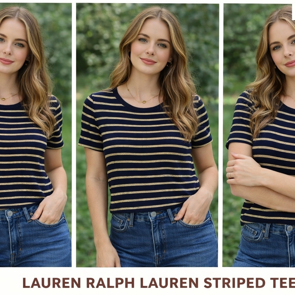 Lauren Ralph Lauren Navy and Gold Striped Tee
